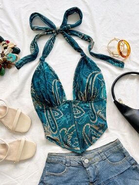 Sexy halter neck backless top with boning teal